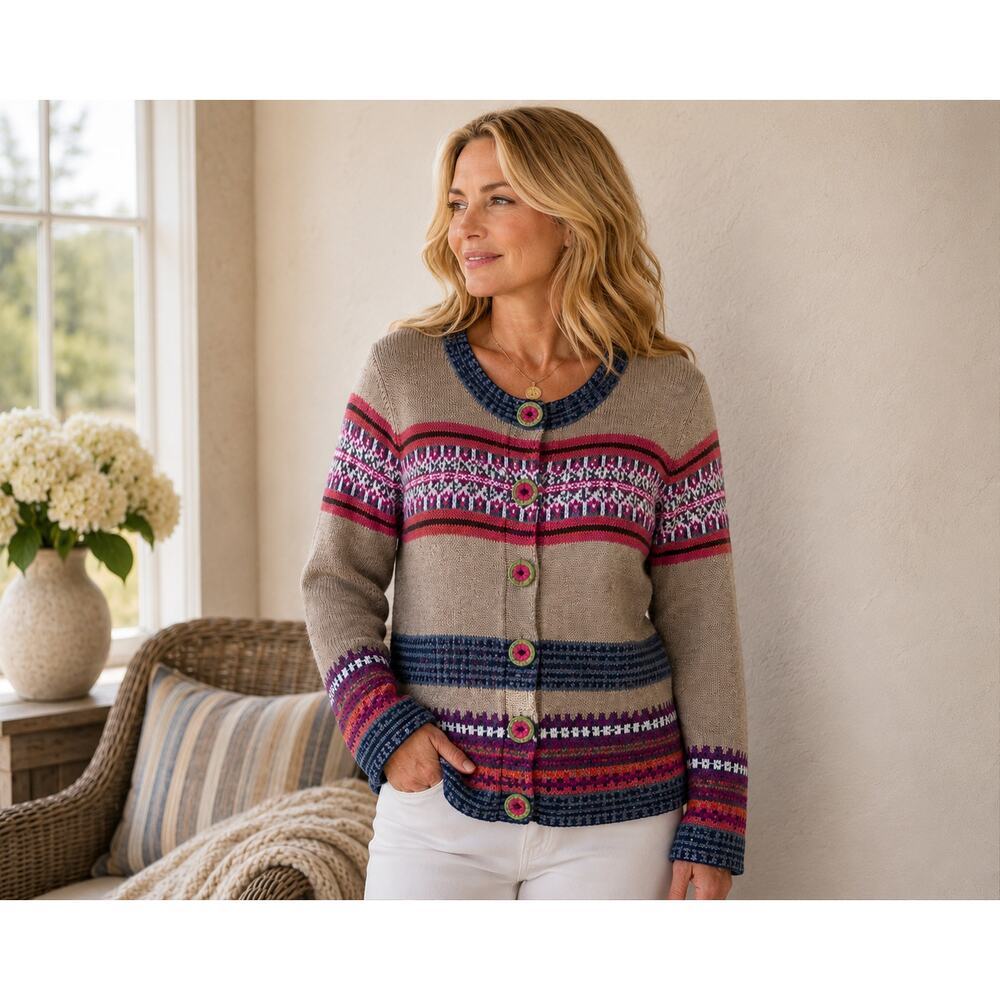 Christopher & Banks Fair Isle Cardigan Large Beige Pink Gray Button Front Cozy
